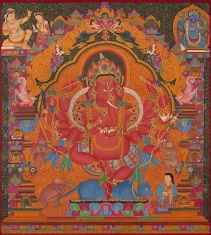 Mahasiddha Virupa Tradition Ganapati Original Handmade Buddhist Thangka | Sakya Red Ganesha